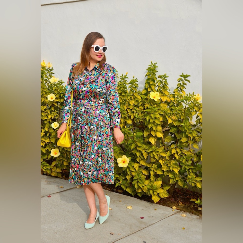 J.Crew‎ Pleated Midi in Navy True Teal Grazing Goats Shirt Dress 4